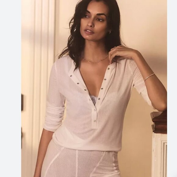 By Anthropologie Ribbed Pajama Set – White – Henley Top + Shorts (NWOT) - small - Picture 3 of 12